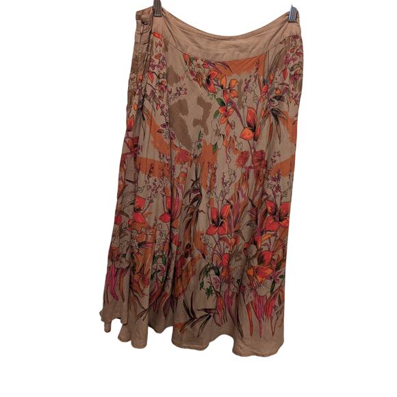 Papaya Flower Printed 100% Cotton A-Line Skirt Brown Boho Lagenlook Botanical - Picture 3 of 4